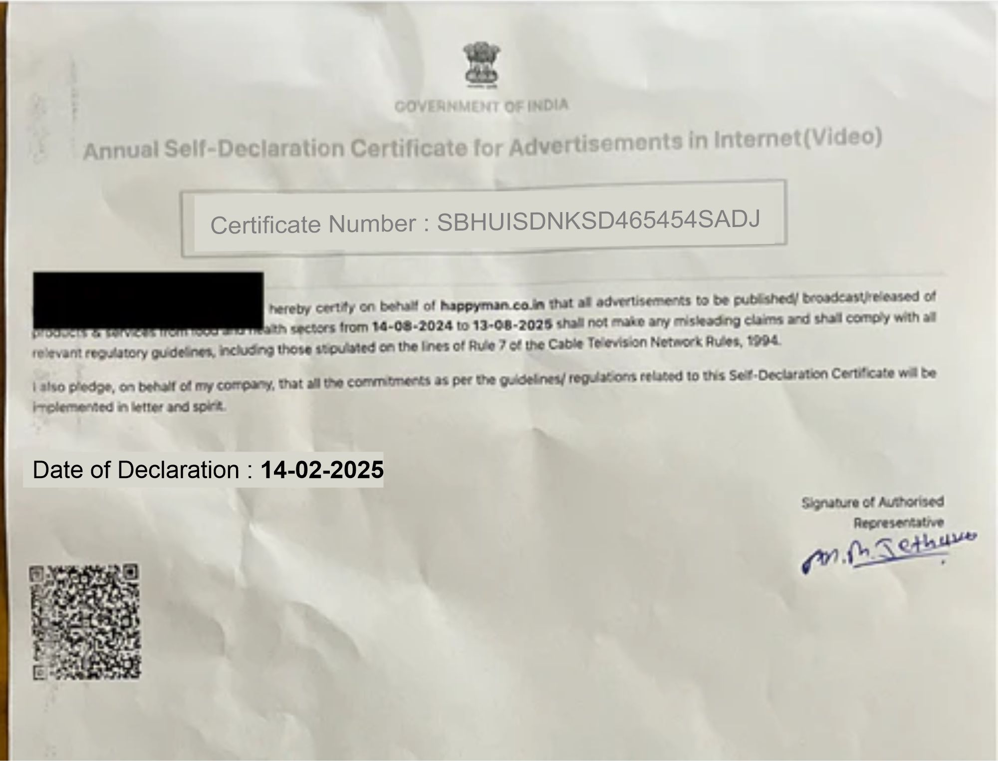 Ayush Mantralay Certificate
